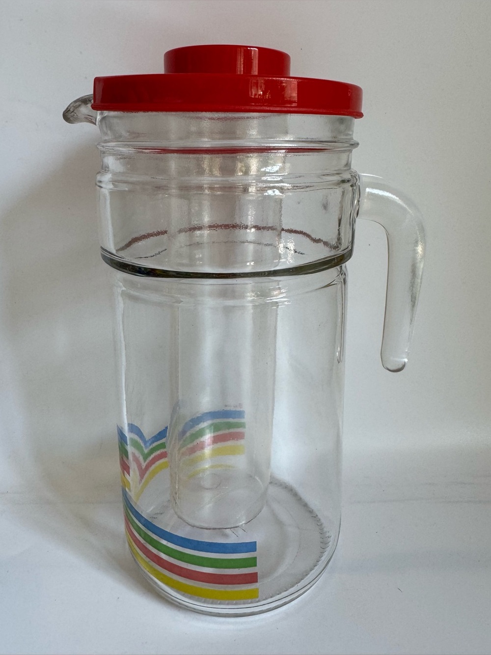 Vintage Clear Glass Pitcher with Rainbow Pattern Red Plastic Lid and Ice Chamber